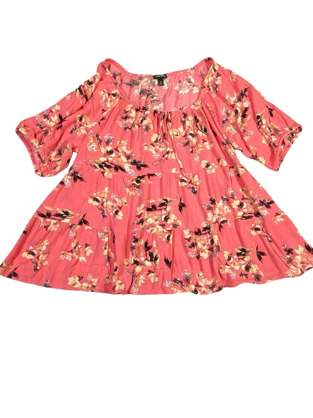 Torrid Crinkle Gauze Babydoll Peasant Blouse Women's L Pink Floral Tie Front Top